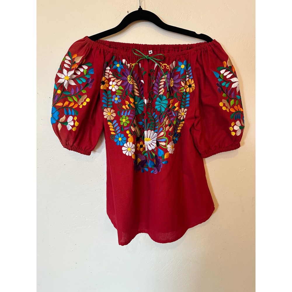 Mexican Embroidered Floral Butterfly Off Shoulder Peasant Blouse Red Medium